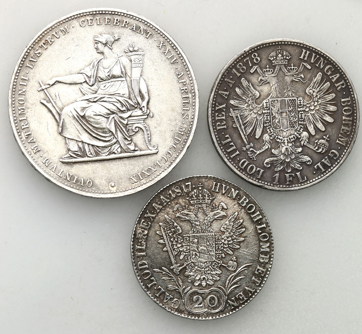 Austria. 2 guldeny 1879, floren 1878, 20 krajcarów 1817, zestaw 3 monet